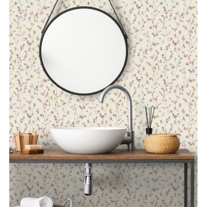 Papel pintado efecto lienzo de flores multicolores texturizado - Amaris Sprig 685108