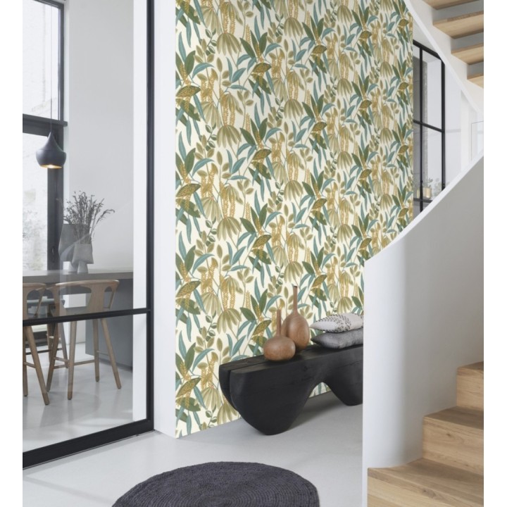 Papel pintado hojas exóticas sobre lienzo lino - Malindi Tropical 685110