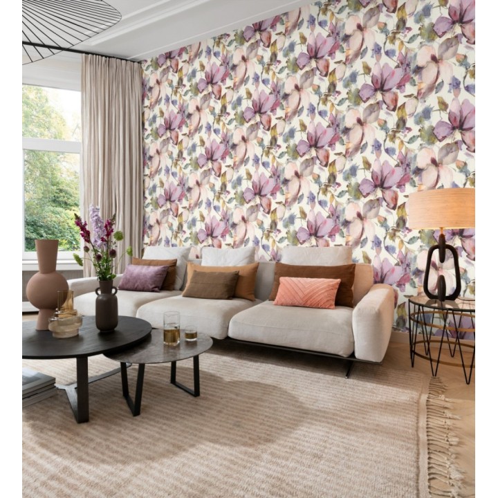 Papel pintado arte abstracto floral con acuarelas sobre lienzo texturado - Claude Watercolor 685112