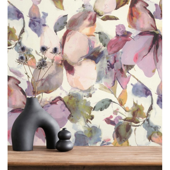 Papel pintado arte abstracto floral con acuarelas sobre lienzo texturado - Claude Watercolor 685112