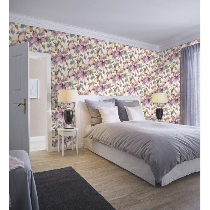 Papel pintado arte abstracto floral con acuarelas sobre lienzo texturado - Claude Watercolor 685112