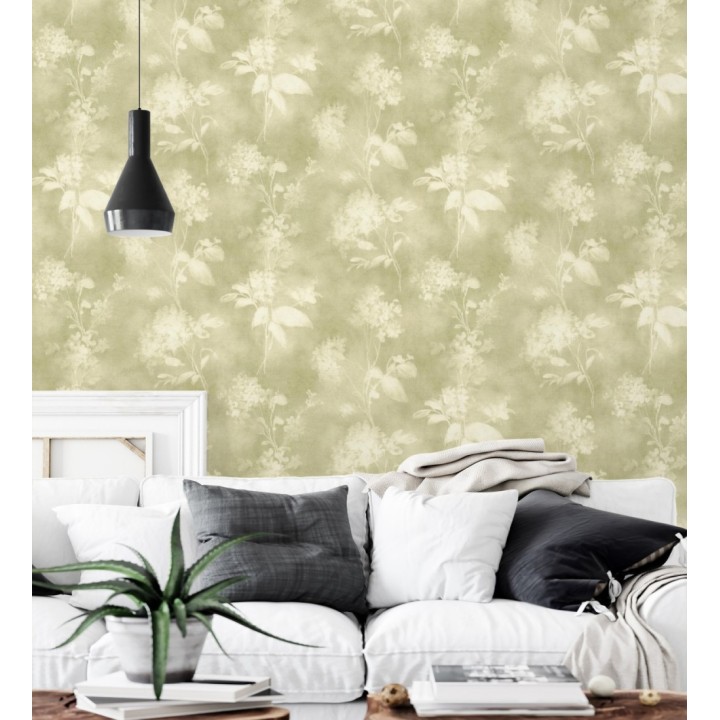 Papel pintado siluetas florales verde textura lienzo - Provence Romantic 685115