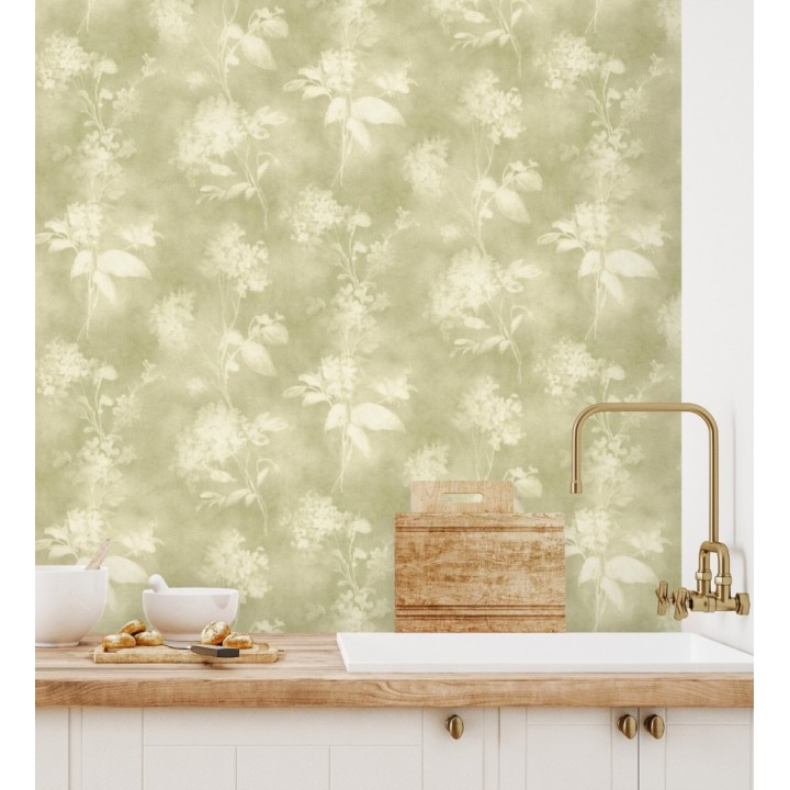 Papel pintado siluetas florales verde textura lienzo - Provence Romantic 685115