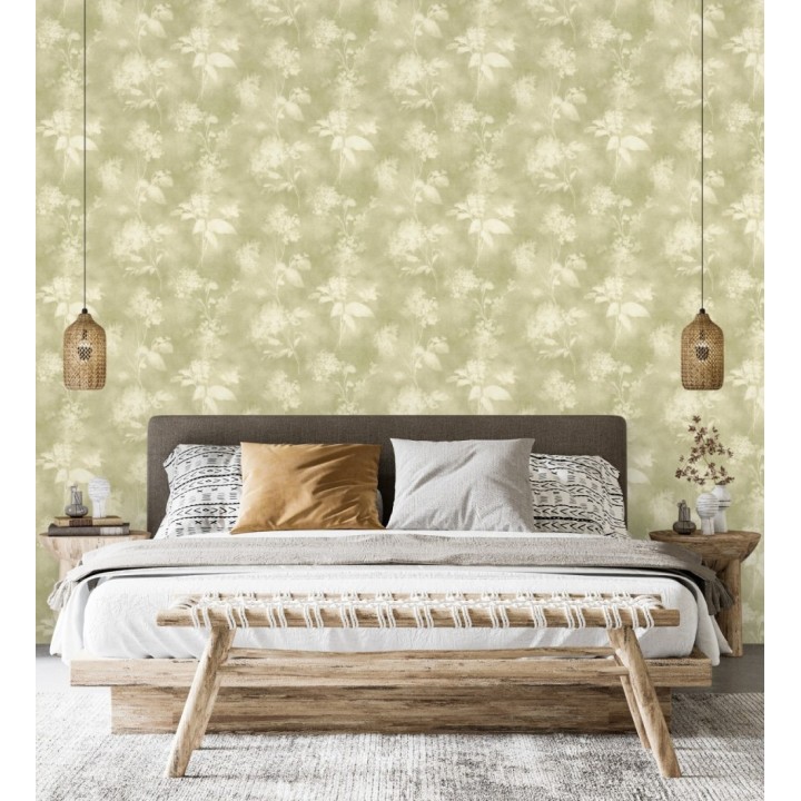 Papel pintado siluetas florales verde textura lienzo - Provence Romantic 685115