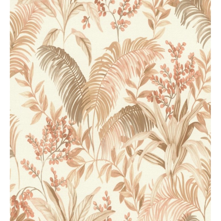 Papel pintado hojas palmeras terracota fondo lienzo blanco roto - Nairobi Botanical 685122