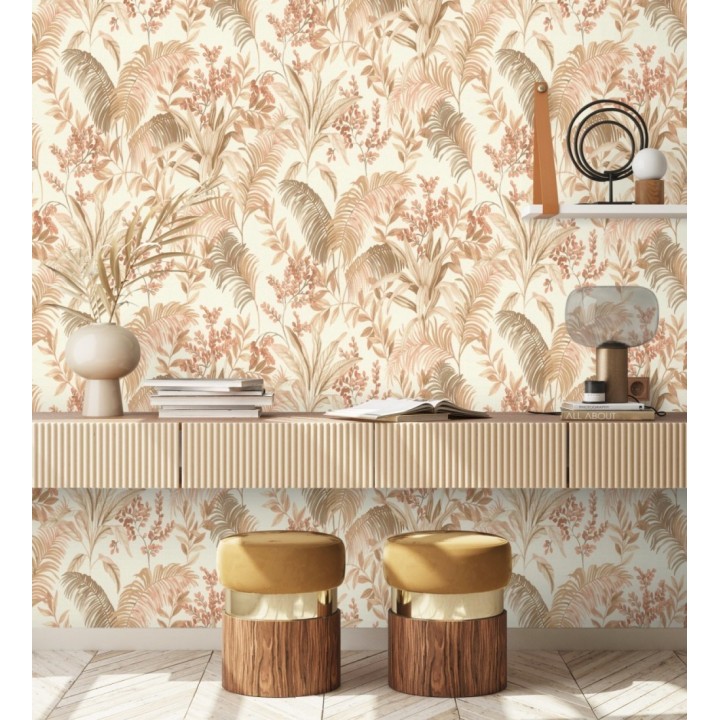 Papel pintado hojas palmeras terracota fondo lienzo blanco roto - Nairobi Botanical 685122