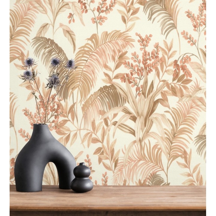 Papel pintado hojas palmeras terracota fondo lienzo blanco roto - Nairobi Botanical 685122