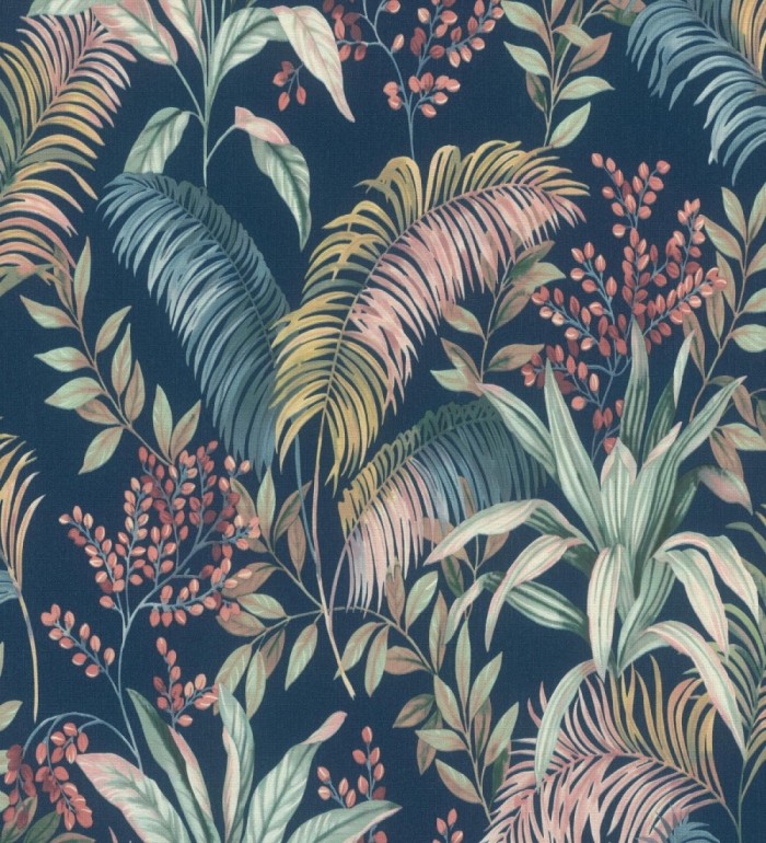 Papel pintado hojas palmeras tropicales fondo lienzo azul medianoche - Nairobi Botanical 685123
