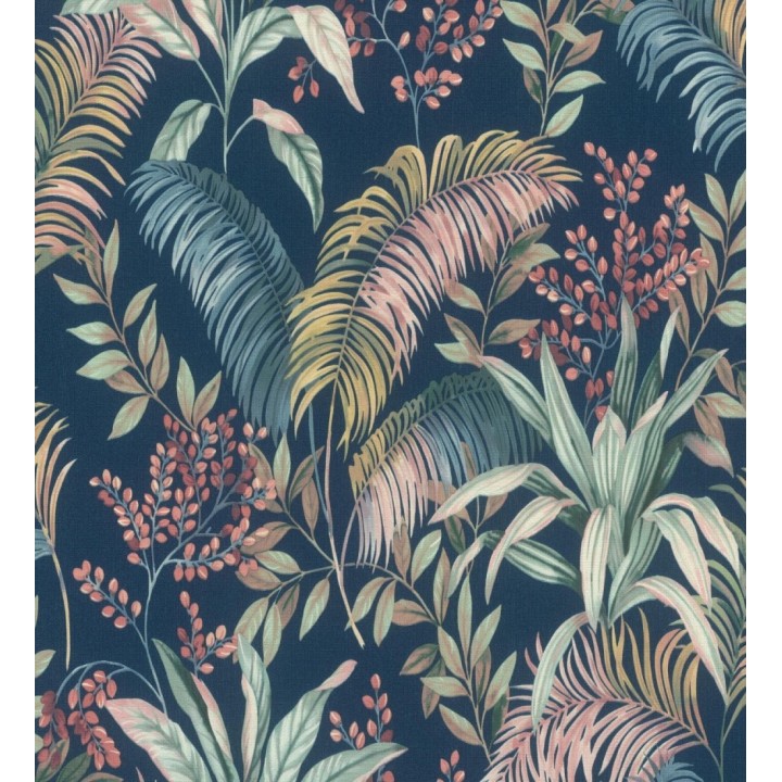 Papel pintado hojas palmeras tropicales fondo lienzo azul medianoche - Nairobi Botanical 685123