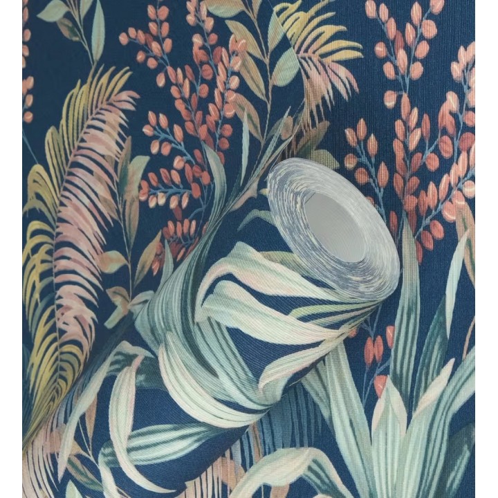 Papel pintado hojas palmeras tropicales fondo lienzo azul medianoche - Nairobi Botanical 685123