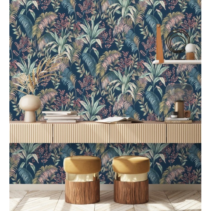 Papel pintado hojas palmeras tropicales fondo lienzo azul medianoche - Nairobi Botanical 685123