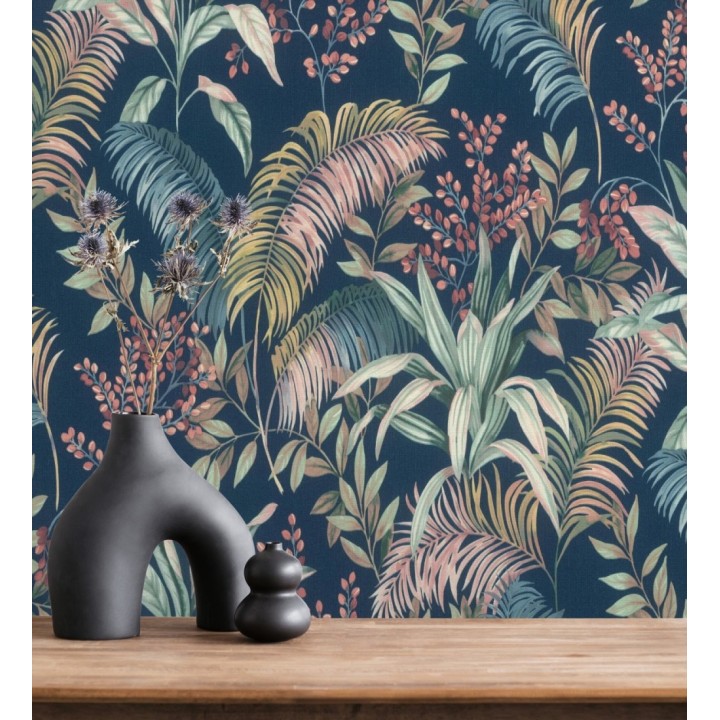 Papel pintado hojas palmeras tropicales fondo lienzo azul medianoche - Nairobi Botanical 685123