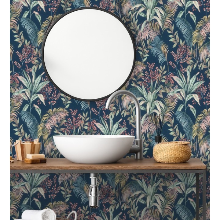 Papel pintado hojas palmeras tropicales fondo lienzo azul medianoche - Nairobi Botanical 685123