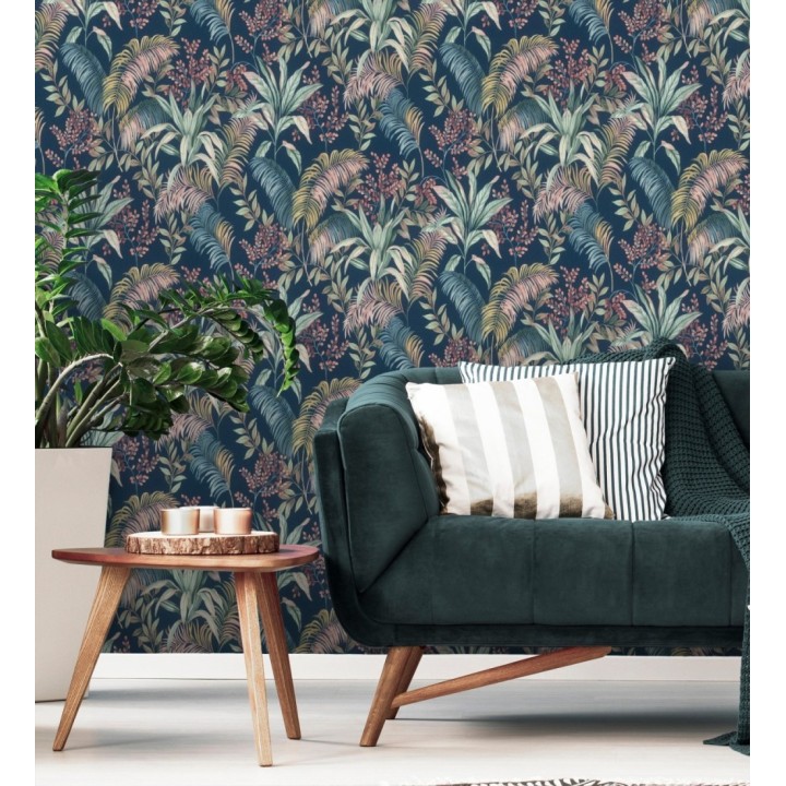 Papel pintado hojas palmeras tropicales fondo lienzo azul medianoche - Nairobi Botanical 685123