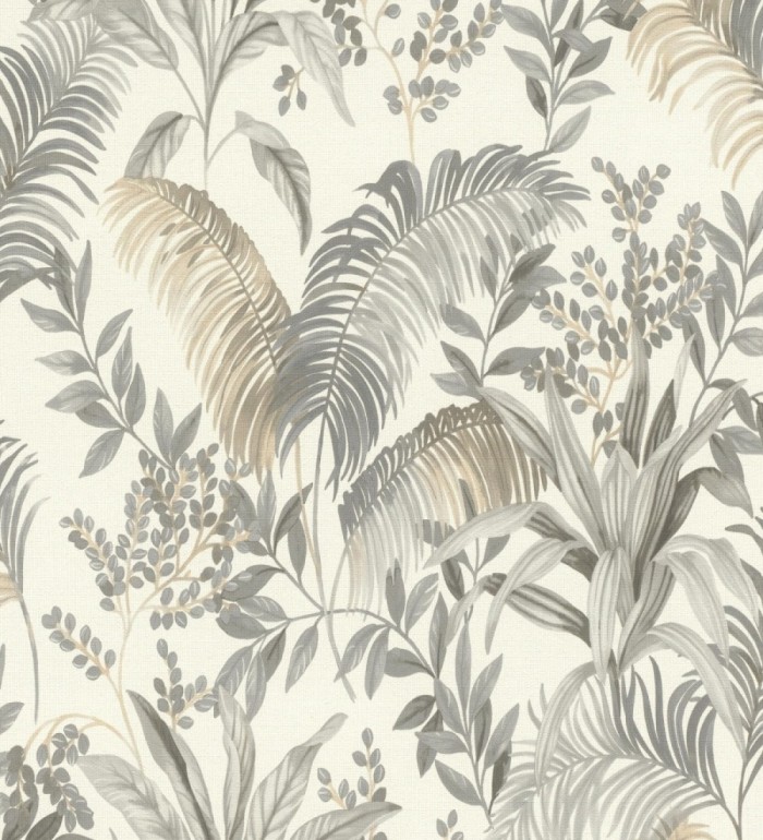 Papel pintado hojas palmeras gris y beige fondo lienzo blanco roto - Nairobi Botanical 685124