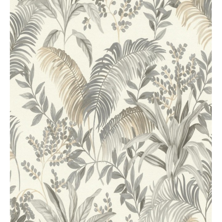 Papel pintado hojas palmeras gris y beige fondo lienzo blanco roto - Nairobi Botanical 685124