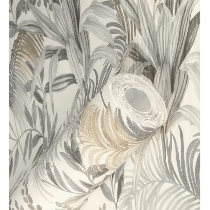 Papel pintado hojas palmeras gris y beige fondo lienzo blanco roto - Nairobi Botanical 685124