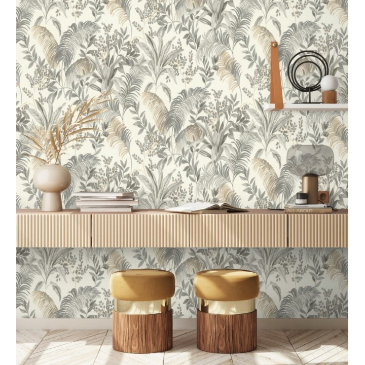 Papel pintado hojas palmeras gris y beige fondo lienzo blanco roto - Nairobi Botanical 685124