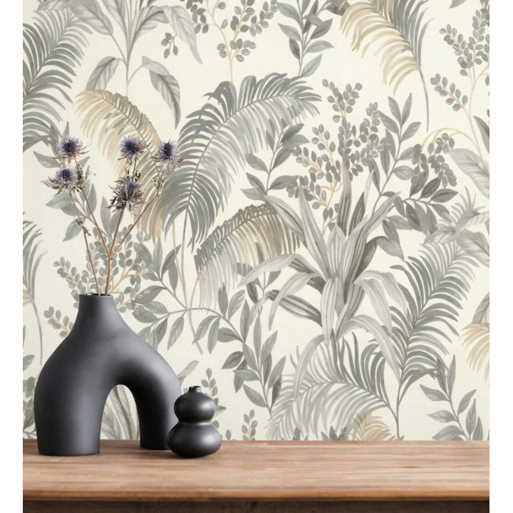 Papel pintado hojas palmeras gris y beige fondo lienzo blanco roto - Nairobi Botanical 685124