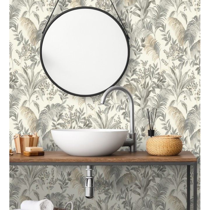 Papel pintado hojas palmeras gris y beige fondo lienzo blanco roto - Nairobi Botanical 685124