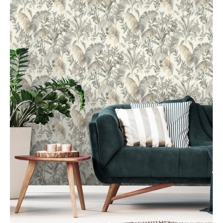 Papel pintado hojas palmeras gris y beige fondo lienzo blanco roto - Nairobi Botanical 685124