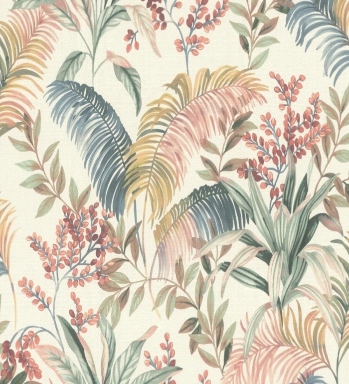 Papel pintado hojas palmeras multicolor fondo lienzo blanco roto - Nairobi Botanical 685125