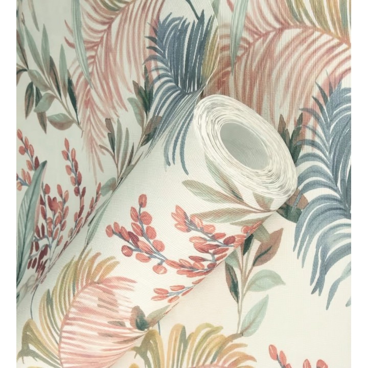 Papel pintado hojas palmeras multicolor fondo lienzo blanco roto - Nairobi Botanical 685125