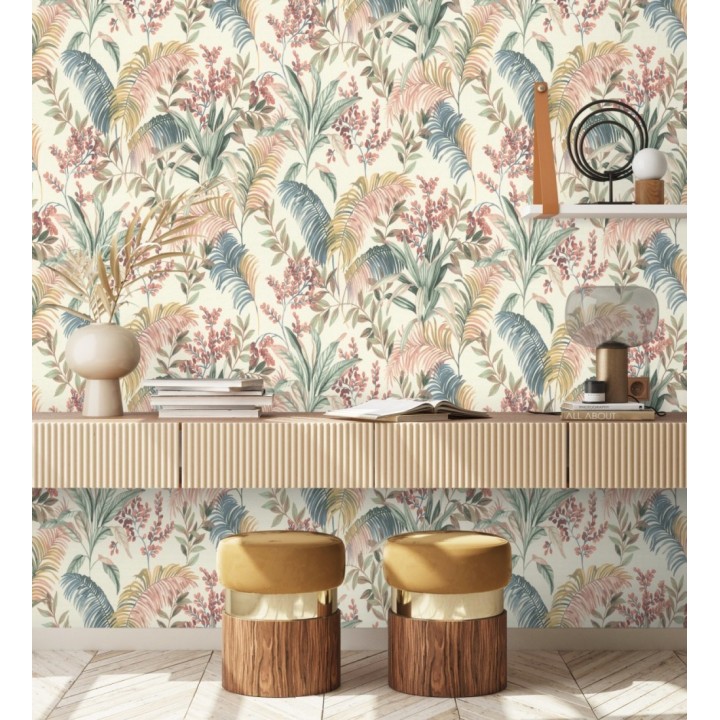 Papel pintado hojas palmeras multicolor fondo lienzo blanco roto - Nairobi Botanical 685125