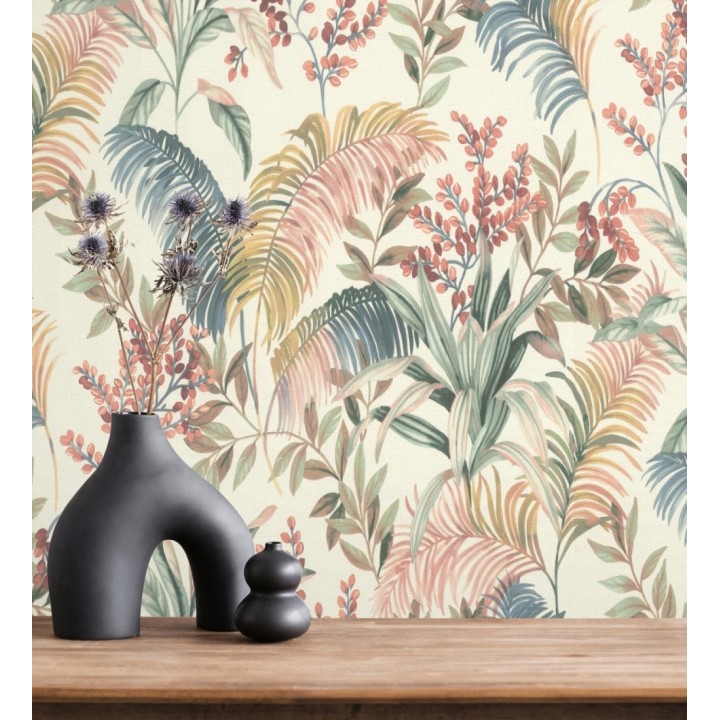 Papel pintado hojas palmeras multicolor fondo lienzo blanco roto - Nairobi Botanical 685125