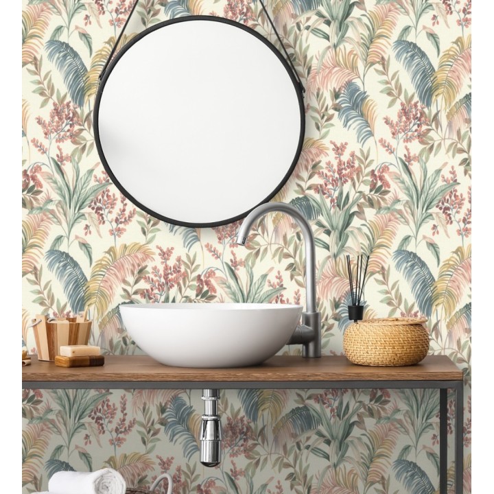 Papel pintado hojas palmeras multicolor fondo lienzo blanco roto - Nairobi Botanical 685125