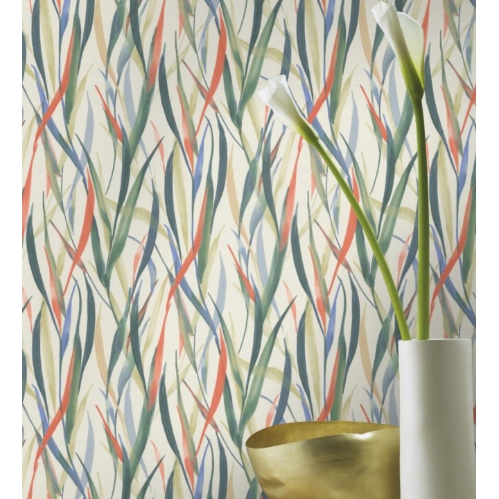 Papel pintado algas marinas acuarela azul verde y naranja - Carolina Bay 685128