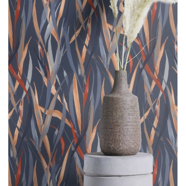 Papel pintado algas marinas acuarela tonos azul ocre y rojo - Carolina Bay 685129