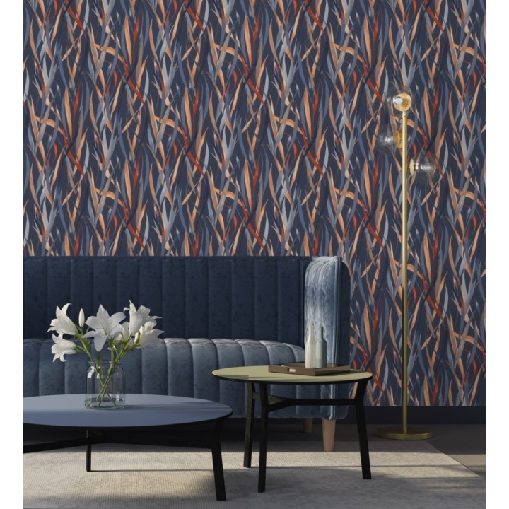 Papel pintado algas marinas acuarela tonos azul ocre y rojo - Carolina Bay 685129