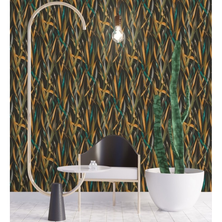 Papel pintado algas marinas acuarela tonos verdes mostaza y turquesa - Carolina Bay 685131