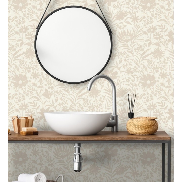 Papel pintado lienzo botánico de flores texturizado beige - Zinnia Sketch 685132