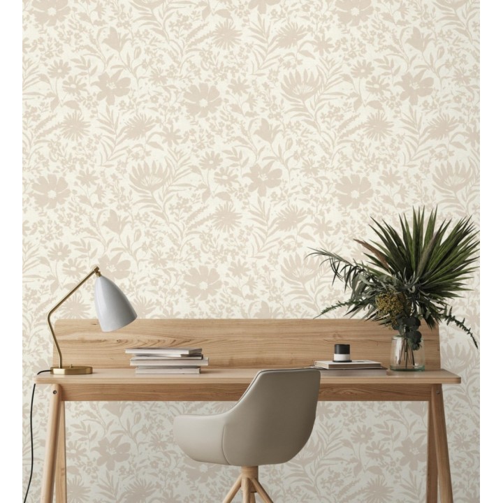 Papel pintado lienzo botánico de flores texturizado beige - Zinnia Sketch 685132