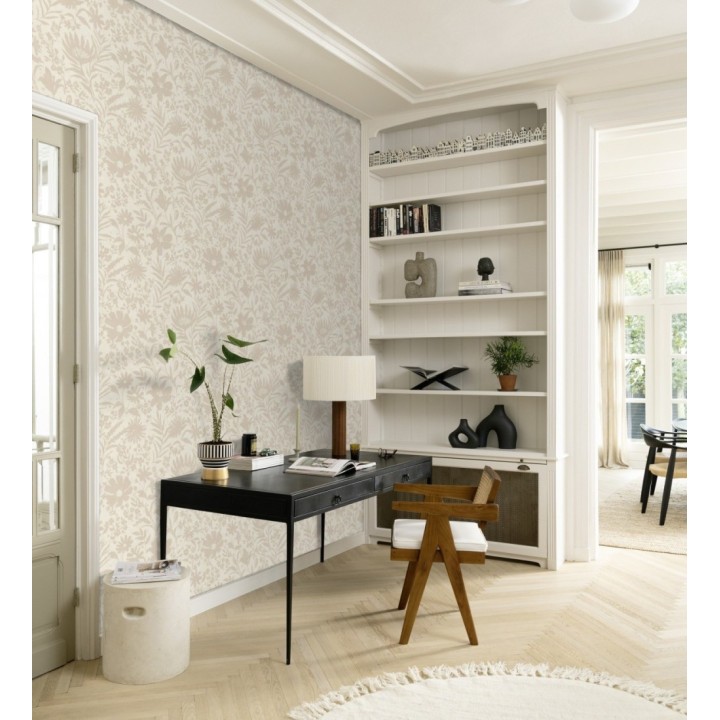 Papel pintado lienzo botánico de flores texturizado beige - Zinnia Sketch 685132