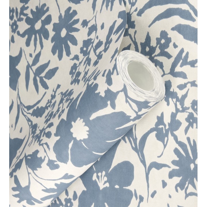 Papel pintado lienzo botánico de flores texturizado azul - Zinnia Sketch 685133