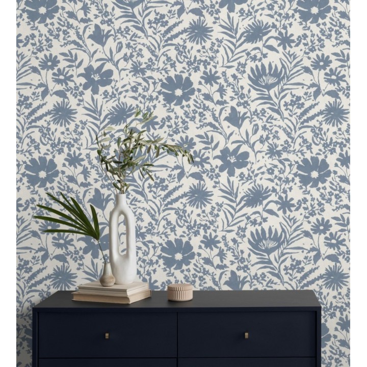 Papel pintado lienzo botánico de flores texturizado azul - Zinnia Sketch 685133