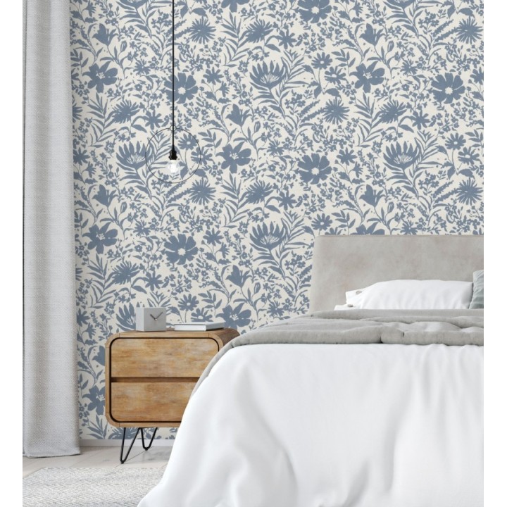 Papel pintado lienzo botánico de flores texturizado azul - Zinnia Sketch 685133