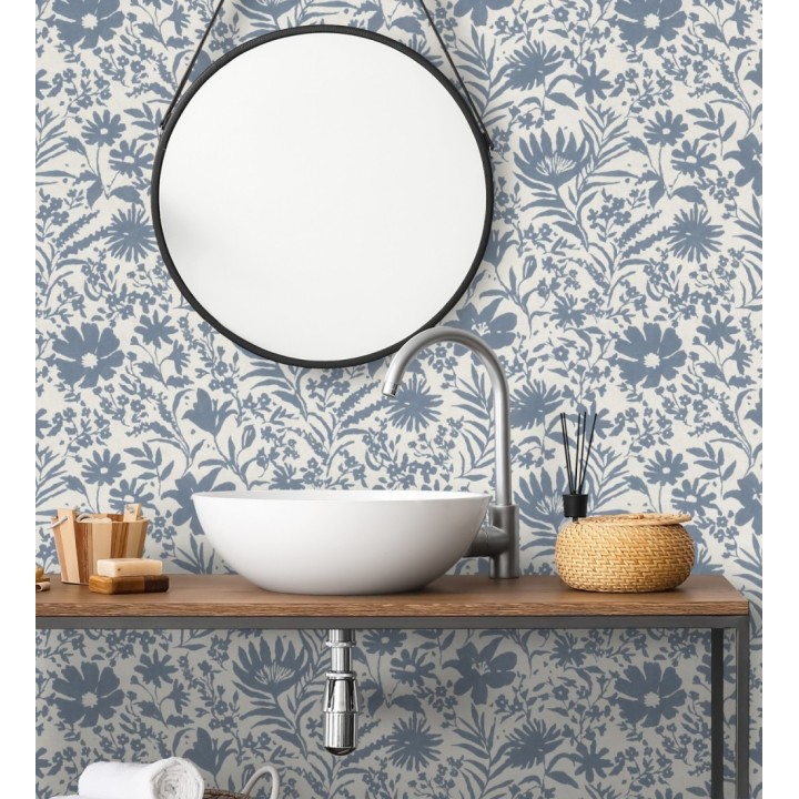 Papel pintado lienzo botánico de flores texturizado azul - Zinnia Sketch 685133