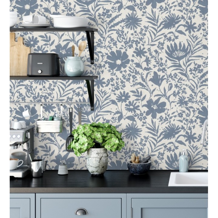 Papel pintado lienzo botánico de flores texturizado azul - Zinnia Sketch 685133