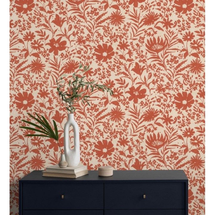 Papel pintado lienzo botánico de flores texturizado rojo - Zinnia Sketch 685134