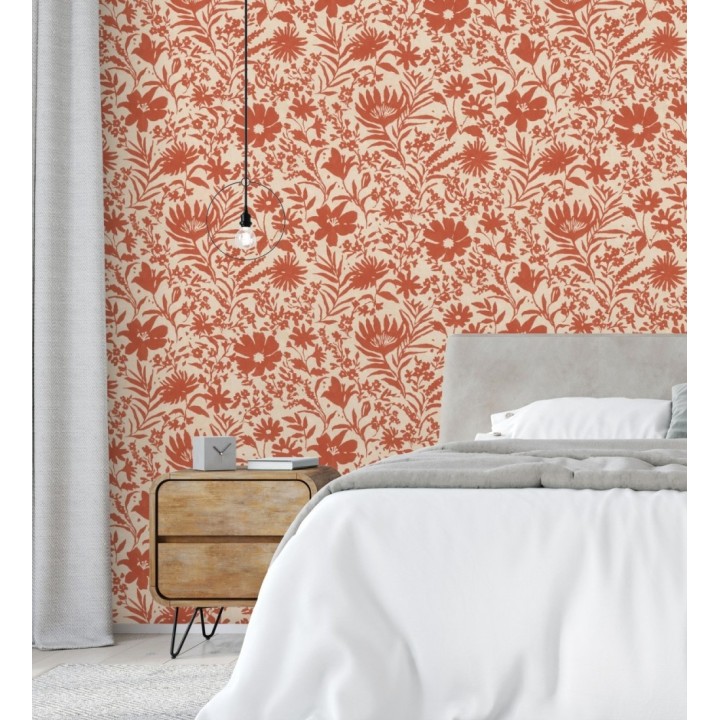 Papel pintado lienzo botánico de flores texturizado rojo - Zinnia Sketch 685134