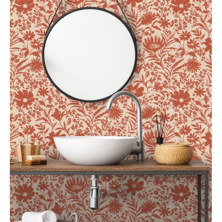 Papel pintado lienzo botánico de flores texturizado rojo - Zinnia Sketch 685134