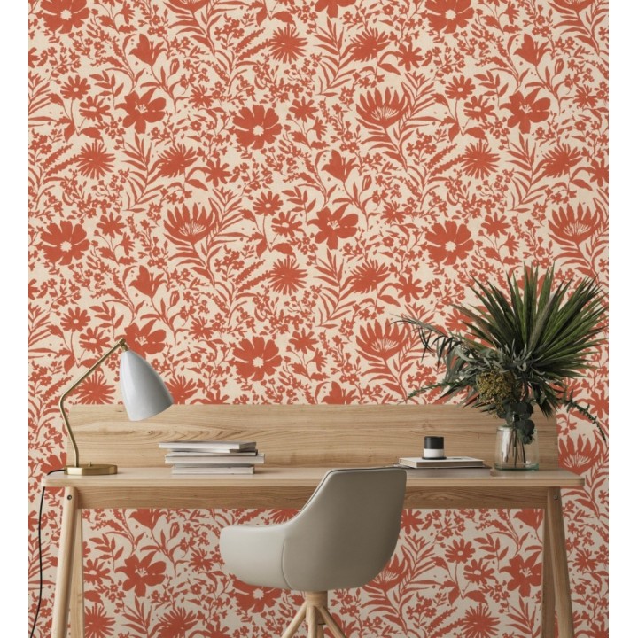 Papel pintado lienzo botánico de flores texturizado rojo - Zinnia Sketch 685134