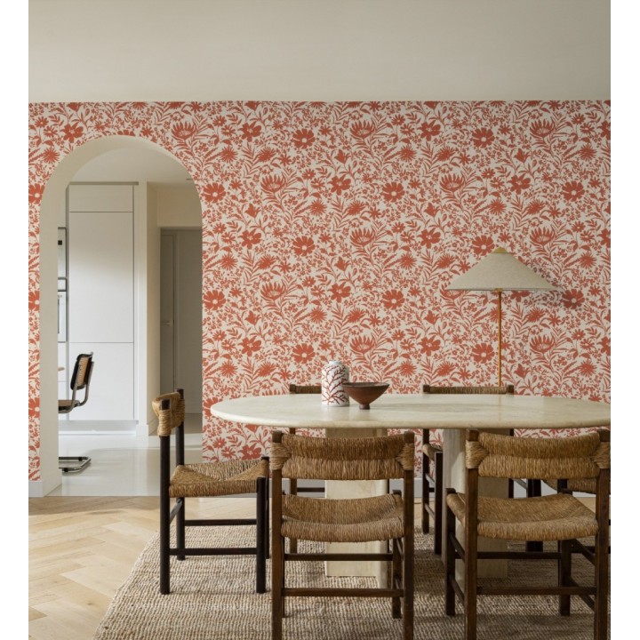 Papel pintado lienzo botánico de flores texturizado rojo - Zinnia Sketch 685134