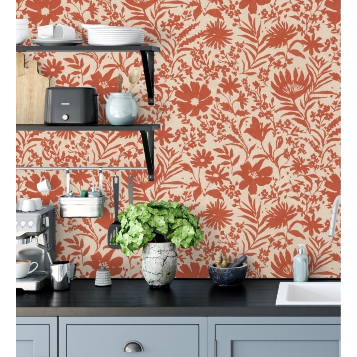 Papel pintado lienzo botánico de flores texturizado rojo - Zinnia Sketch 685134