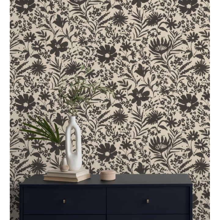 Papel pintado lienzo botánico de flores texturizado negro - Zinnia Sketch 685135