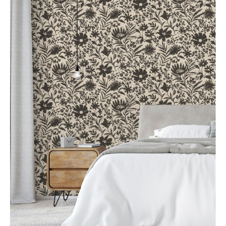 Papel pintado lienzo botánico de flores texturizado negro - Zinnia Sketch 685135